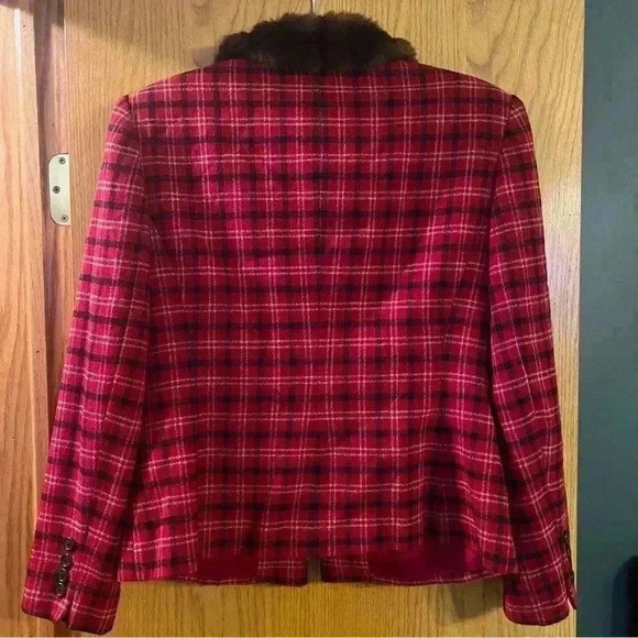 Vintage lauren ralph lauren red plaid faux fur collar jacket women's 8P - Picture 11 of 12